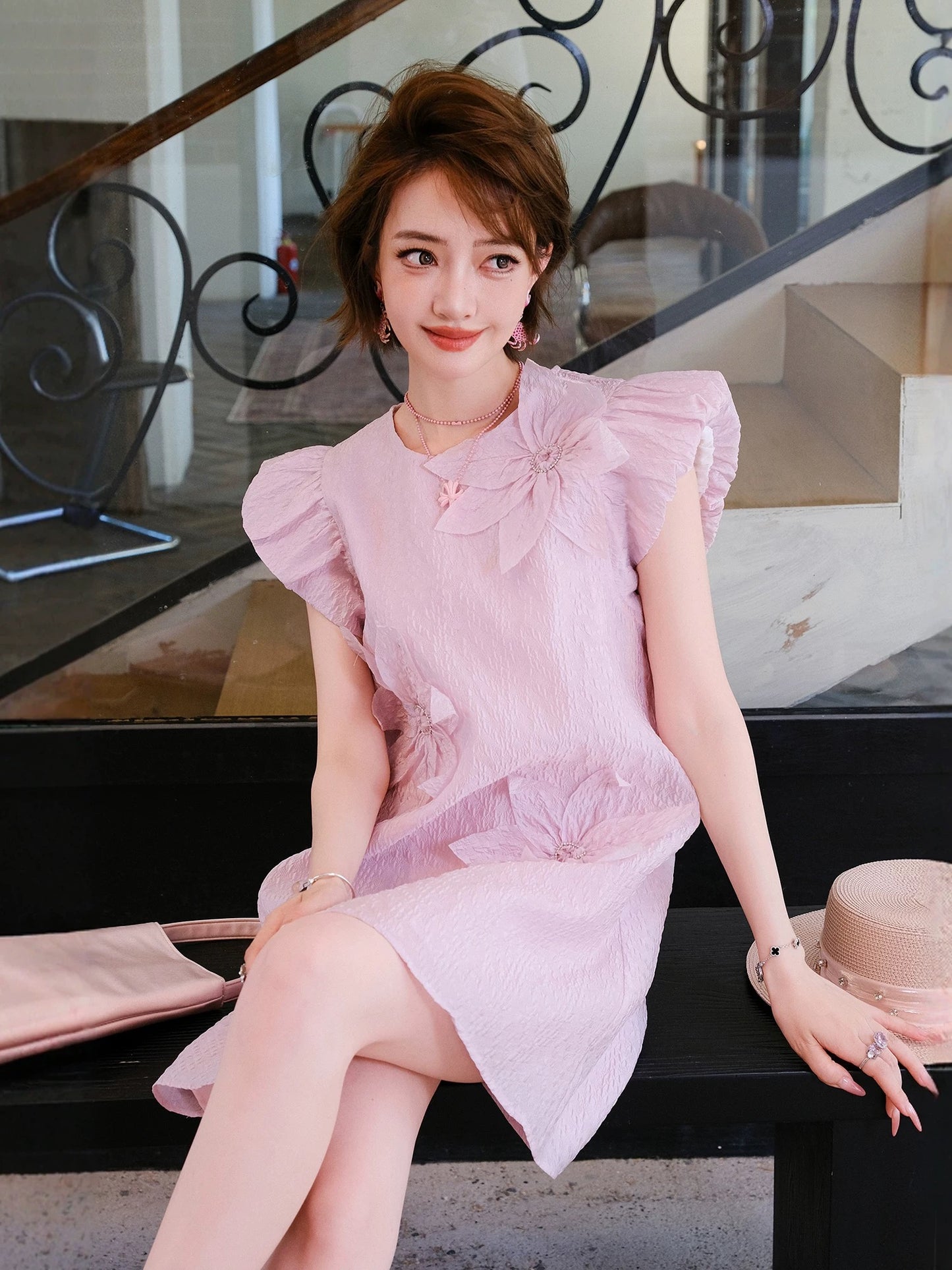 MIUCO temperament rich style dress loose and slim A-line small size super good-looking pink fairy dress