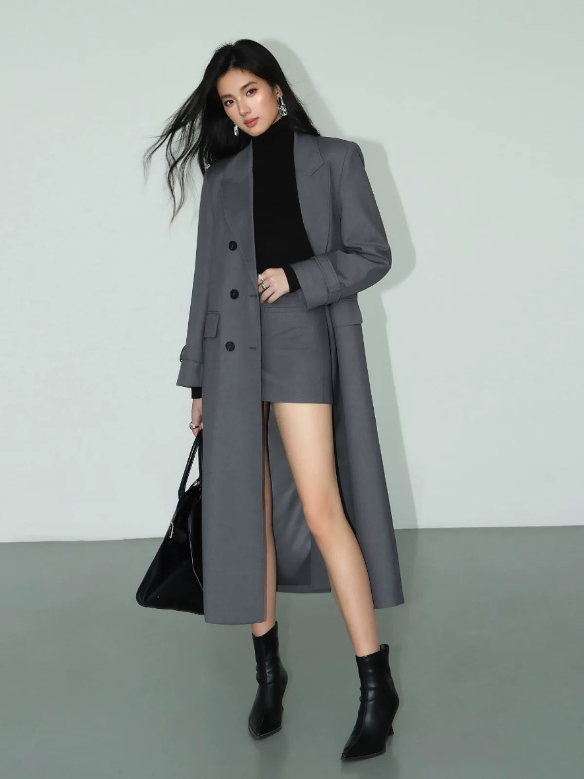 NEVA HU gray mid-length blazer women's autumn Korean version new high-end loose temperament windbreaker coat