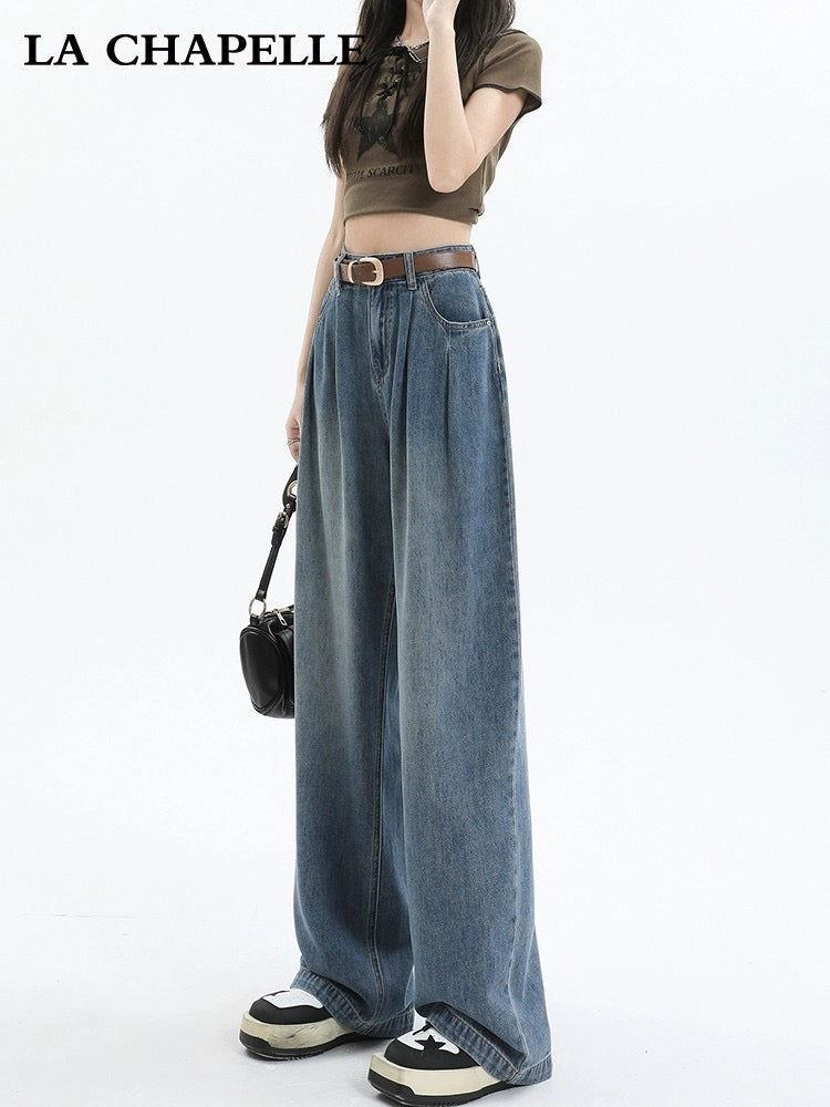 La Chapelle narrow wide-leg jeans for women summer thin 2024 new high-waisted loose straight floor-length mopping pants