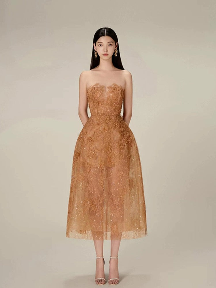 French Hepburn style heavy industry three-dimensional flower tube top dress for women summer design light luxury temperament small dress for women