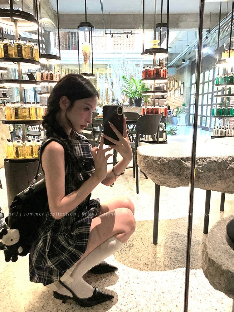 FunnJ Square Ji Yale Girl Design Retro Waistless Sleeveless Plaid Dress Women's Slim A-Line Skirt
