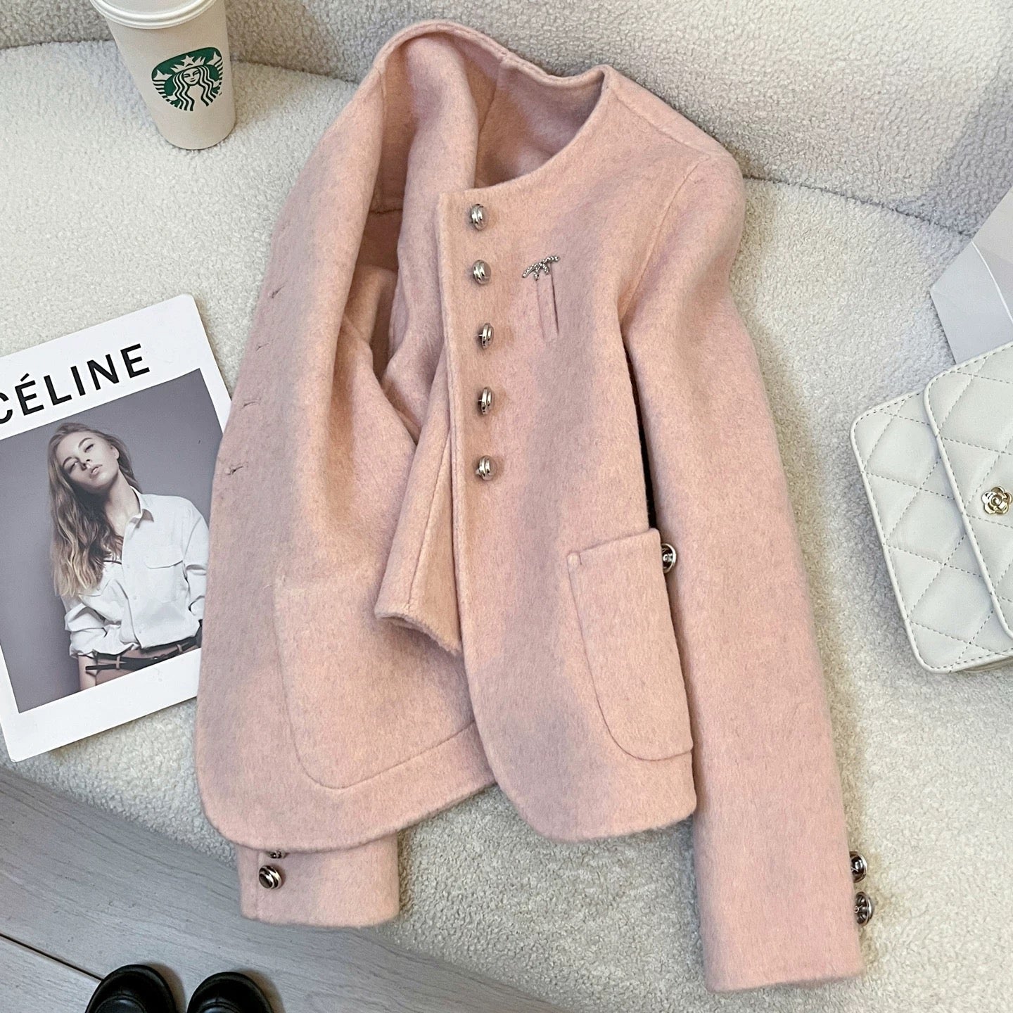 Pink double-faced cashmere coat for women 2025 autumn and winter new Korean version of the small fragrance style temperament short small size coat