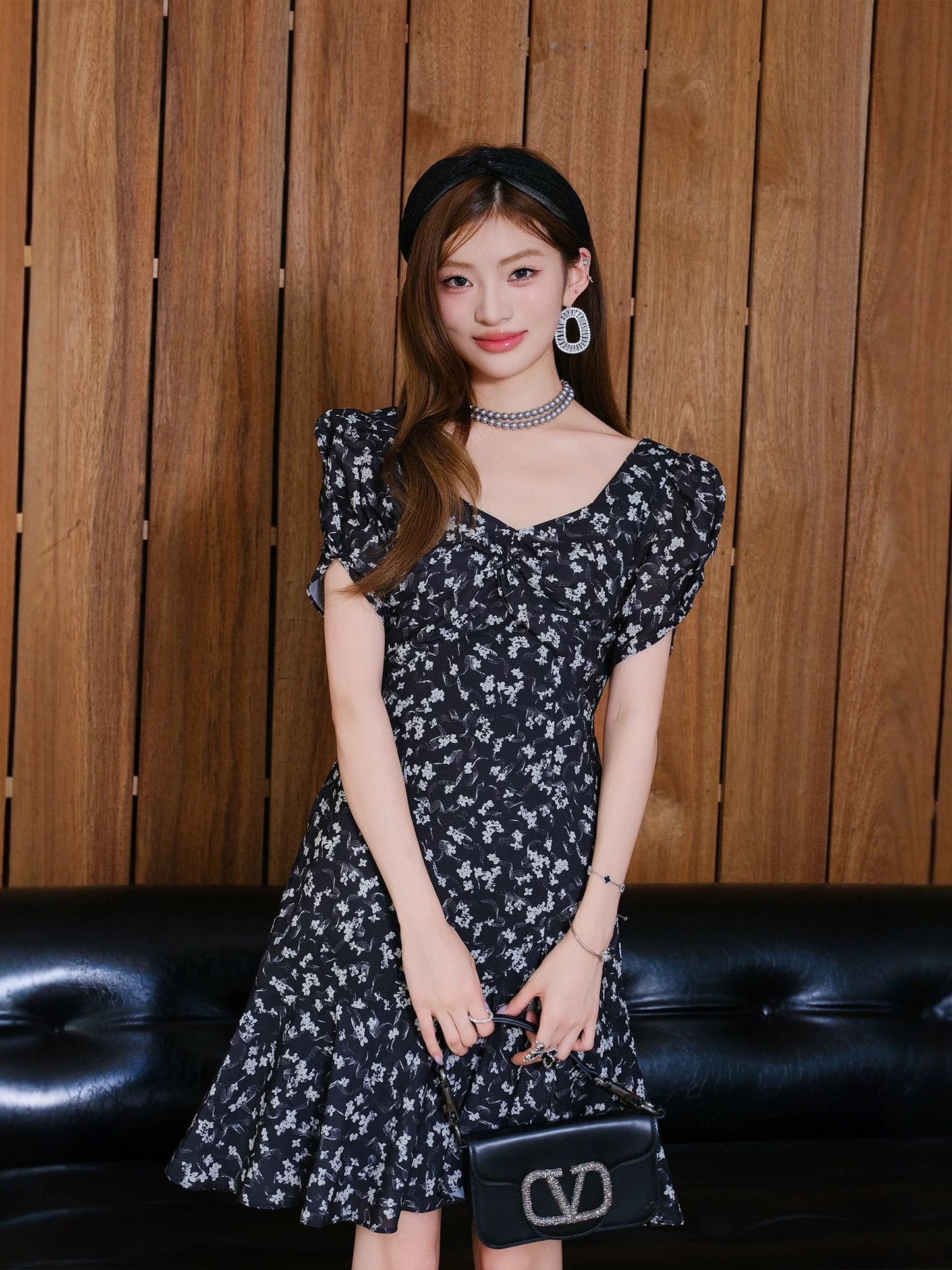 MIUCO French square neck palace style floral dress puff sleeve waist small size very good-looking dress summer