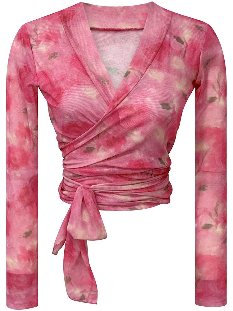 Rose pink printed ice silk mesh top for women summer new style fashionable and feminine V-neck long-sleeved strappy top