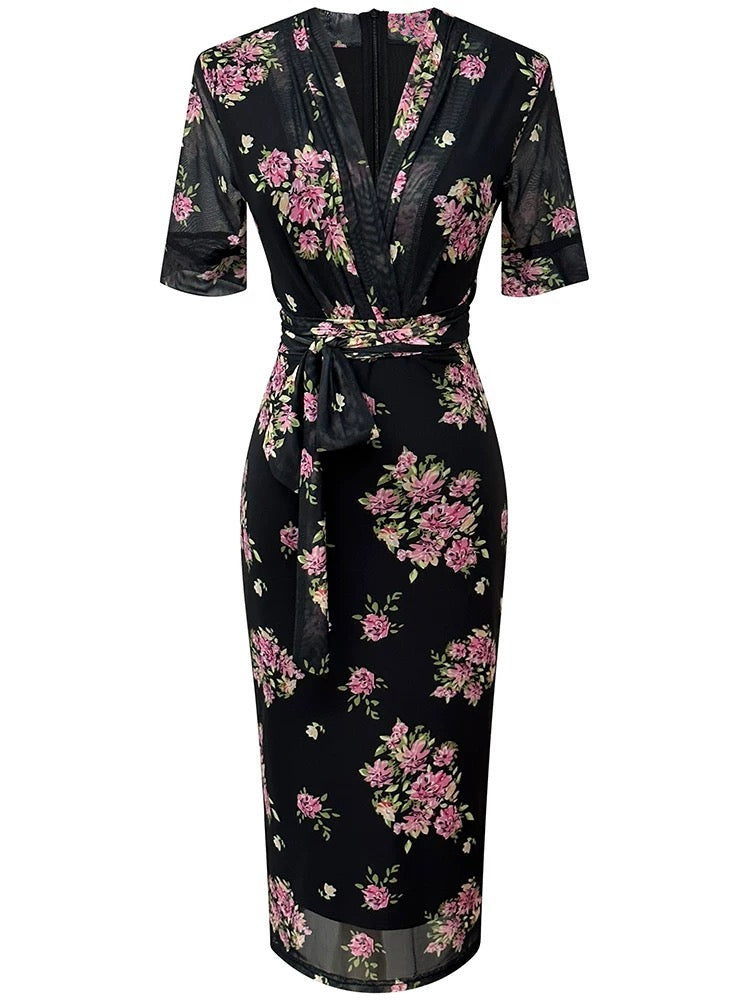 Black mesh print dress for summer, elegant V-neck short-sleeved waist, slim fit and hip-hugging one-step skirt