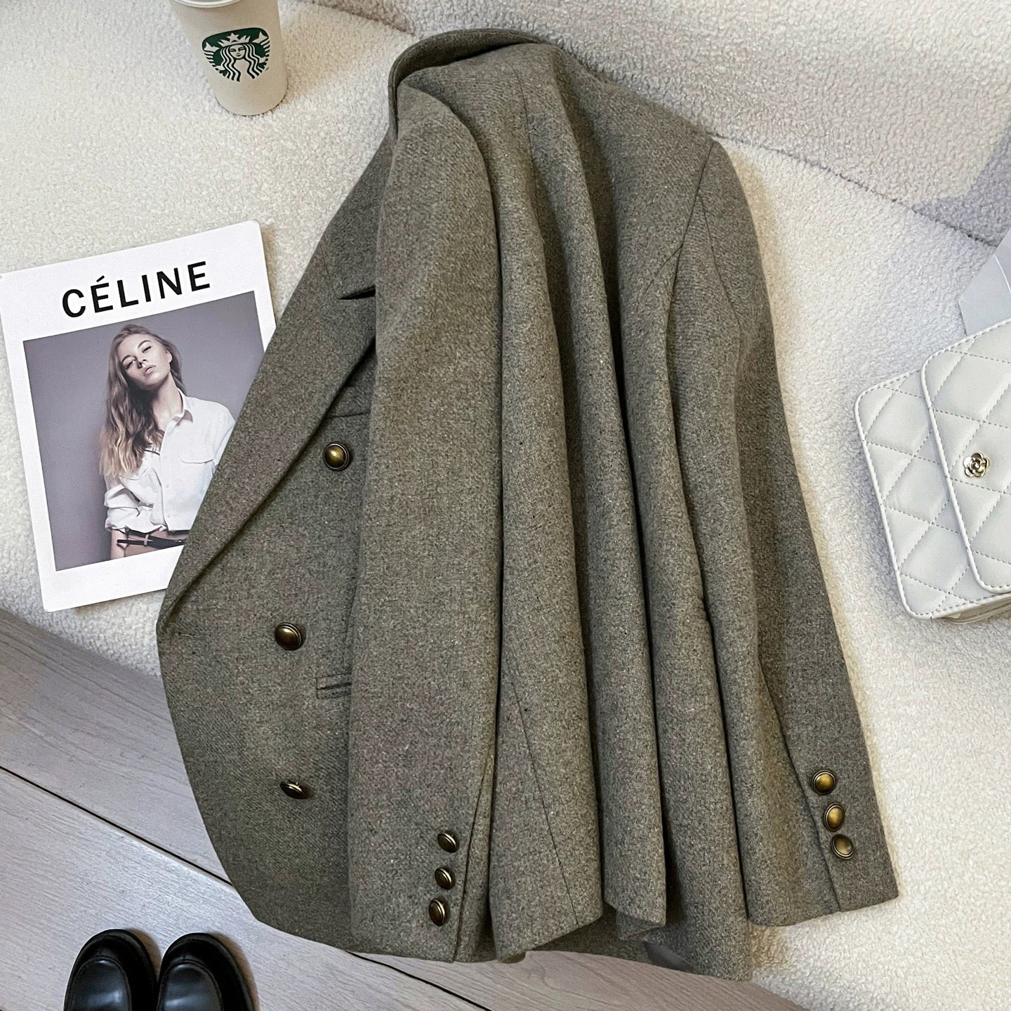 Gray-green retro and fashionable woolen suit jacket for women 2025 autumn and winter new style high-end temperament goddess style suit