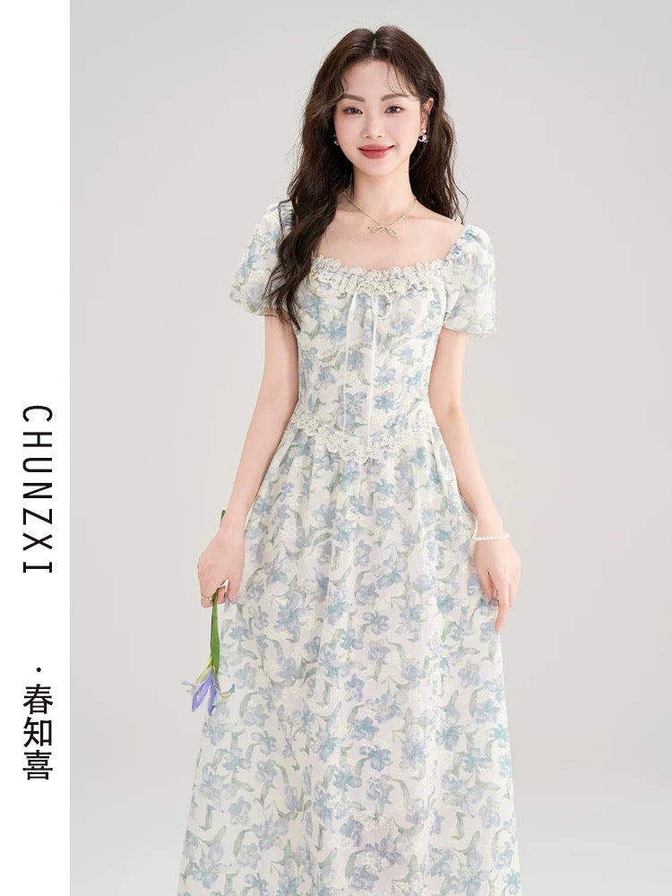 Spring Zhixi tea break French gentle style floral dress summer fairy dress temperament super fairy long dress high-end