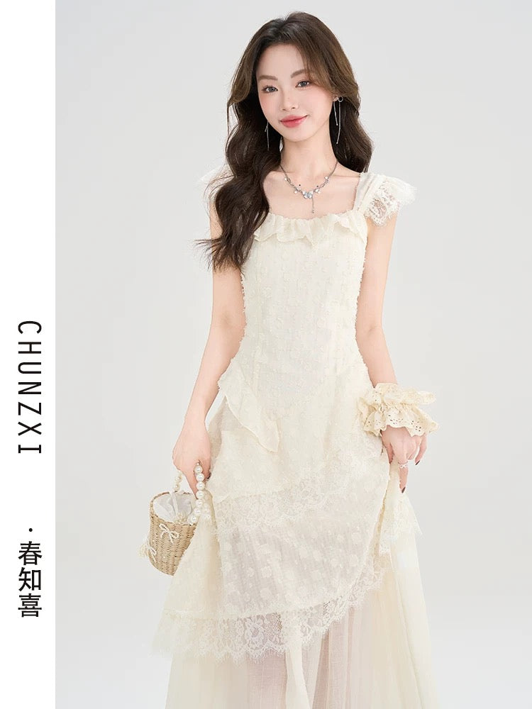 Chun Zhixi French style small flying sleeve suspender dress for women in summer new style seaside wear holiday style long dress high-end
