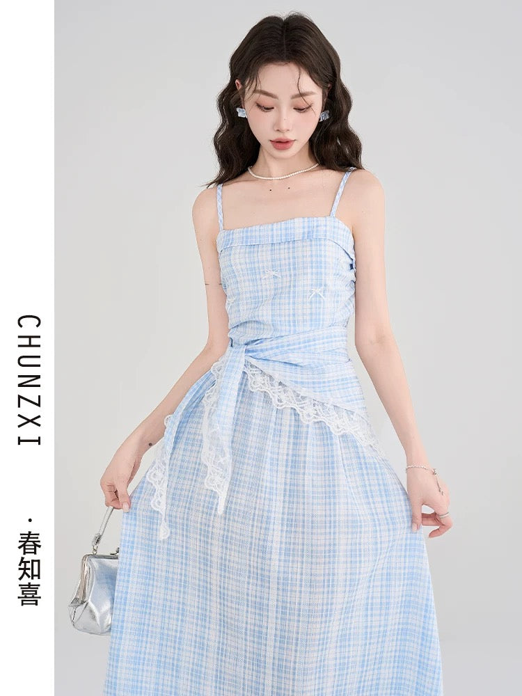 Chun Zhixi Pastoral Style Pure Waist Check Suspender Dress Women's Summer New Sweet Skirt Waist Long Skirt