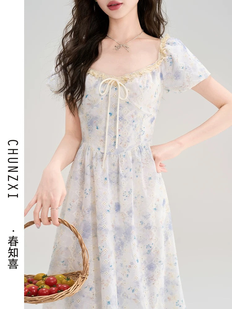 Spring Zhixi tea break French style very beautiful floral dress female summer new waist slimming gentle style long dress