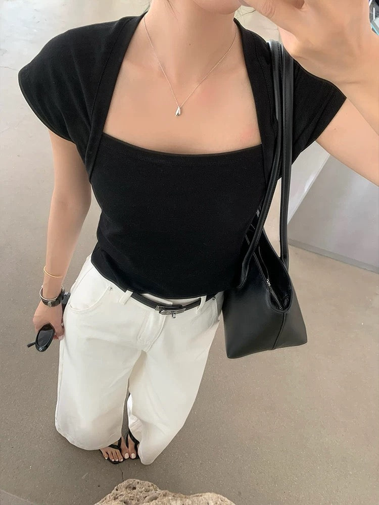 IAMJAM "Versatile Black Square Neck T-Shirt" 2026 Summer New Casual Slimming Short Knit Top
