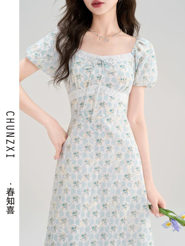 Spring Zhixi Tea Break French Puff Sleeve Floral Dress Women's New Summer Beautiful Dress Waist Slimming Long Dress