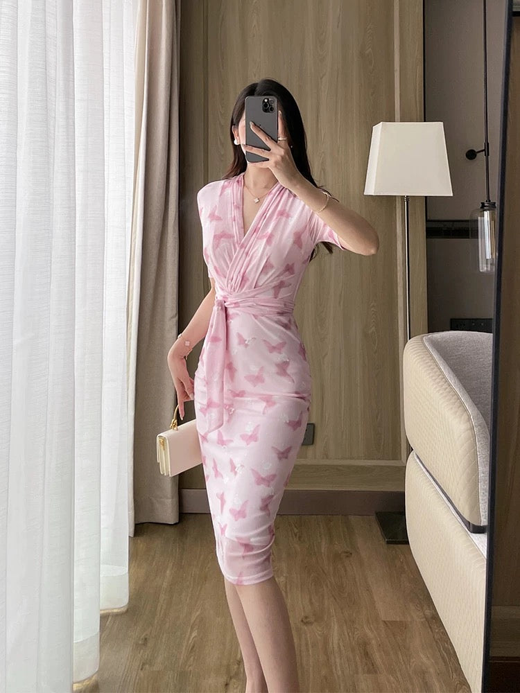 open lace back dress Pink butterfly print dress for women summer new style gentle style mes –  Lee Nhi Boutique