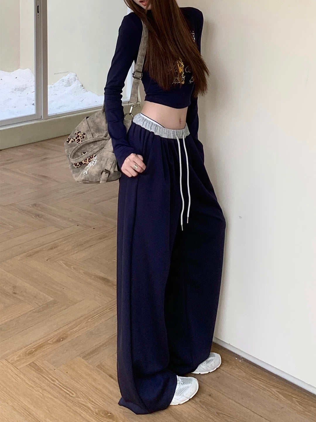 Kumikumi lazy style waistband drawstring drape casual pants women's autumn versatile loose wide-leg pants trousers