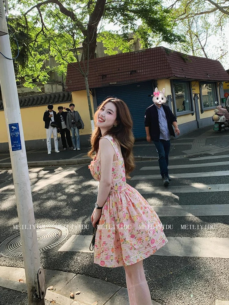 MLYD/Customized Large French Country Style Pink Floral Suspender Dress Sexy Waist Slimming Tutu Skirt