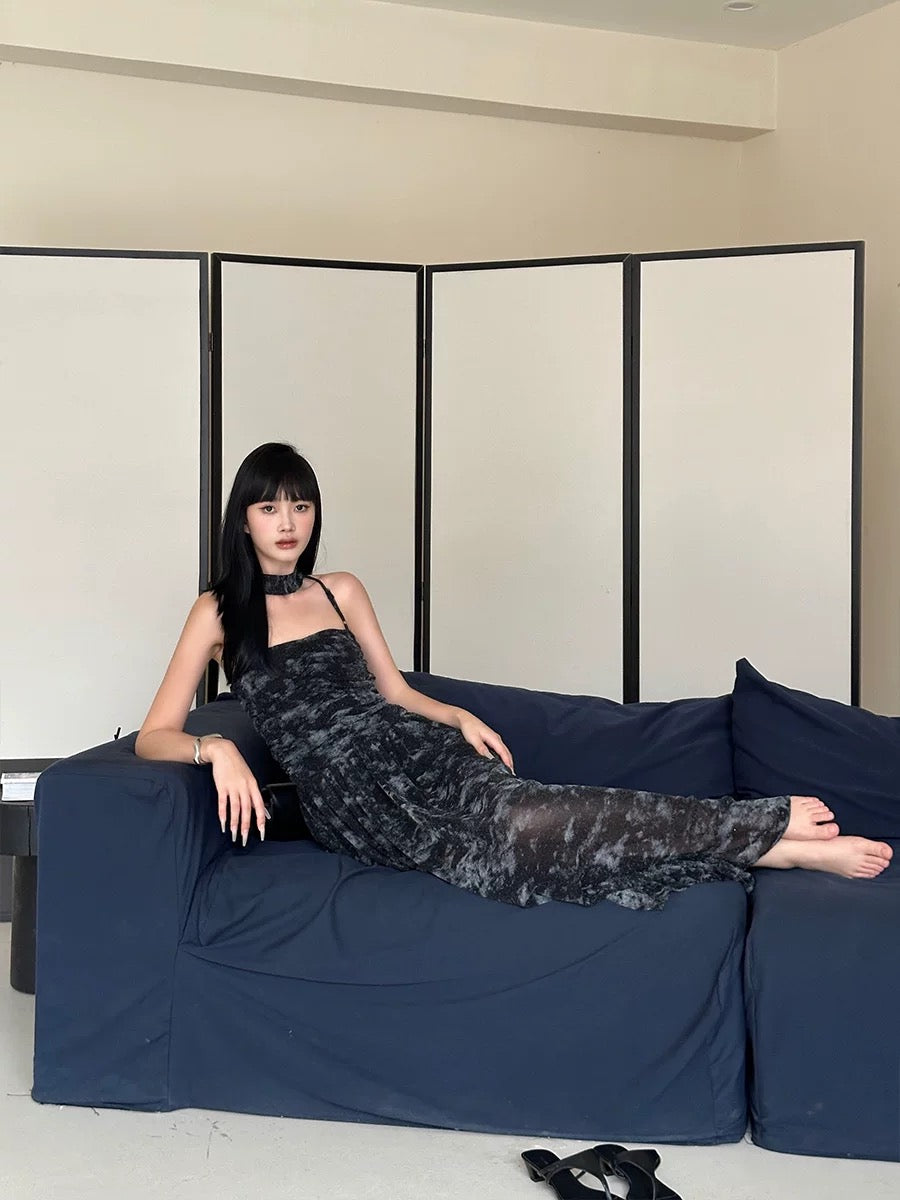 VENUIE Black Mesh Halter Dress Women's Summer Design Temperament Slim Floral Sleeveless Suspender Long Skirt