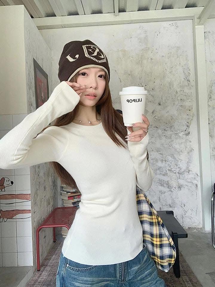 MosesQueen MosesQueen solid color knitted long-sleeved women's autumn new round neck slim casual top