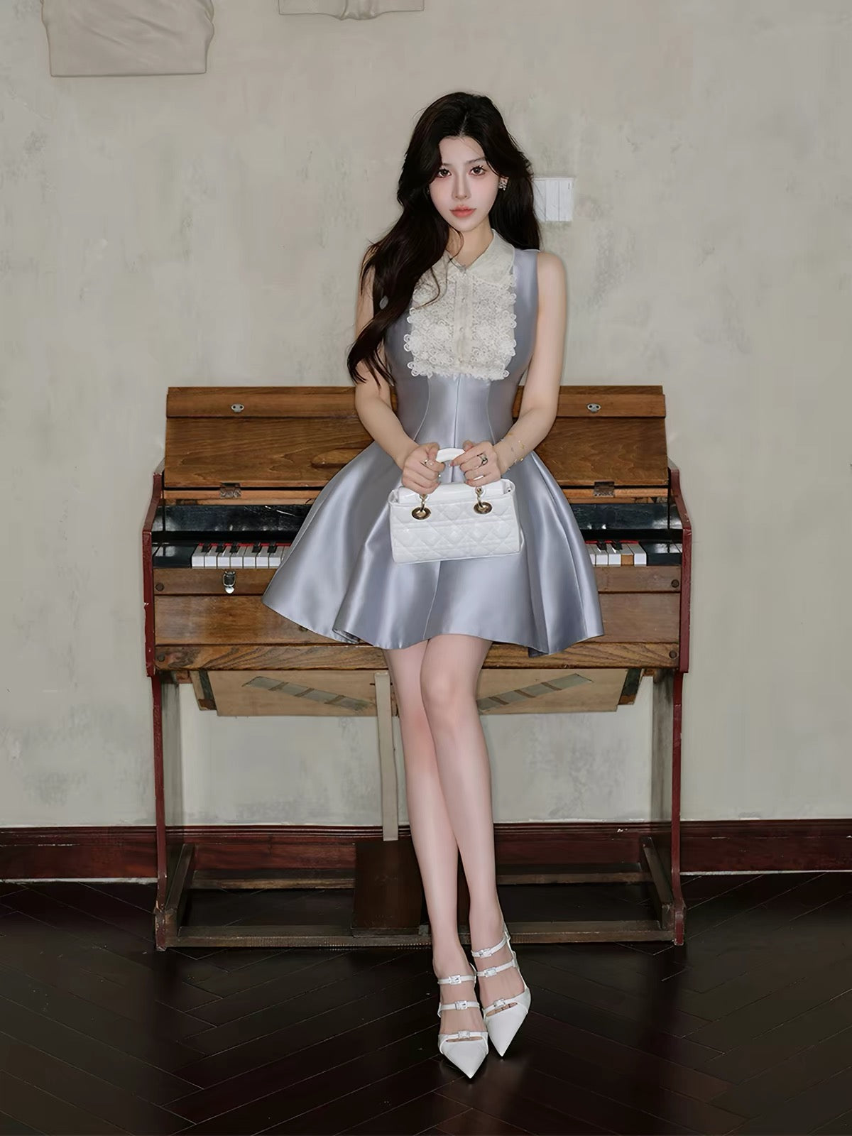 ORG Symphony Blue and White Color Block Lace Elegant Short Chanel-Style Sleeveless Vest Dress 2026 New Summer