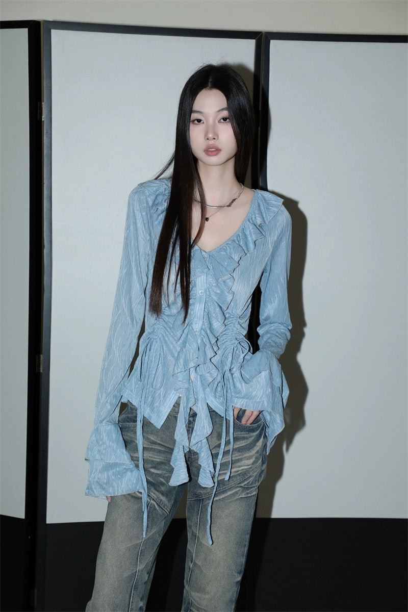 French bell-sleeved high-end tops, luxury big-name, unique and chic shirts, women's V-neck slimming waist shirts