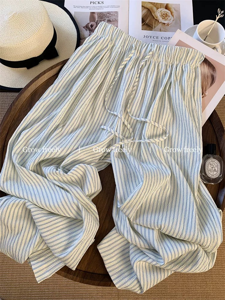 Grow freely Blue striped drawstring casual pants for women, summer design, high-waisted, slimming, straight-leg wide-leg pants