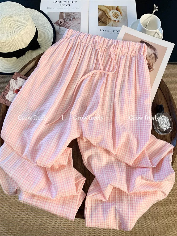 Grow freely pink plaid polka dot drawstring casual pants, summer relaxed style, straight leg, high waist, long pants for women.