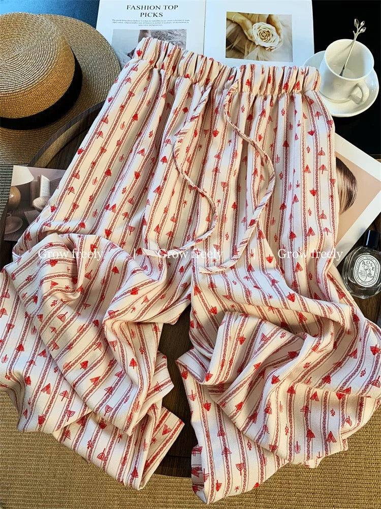 Grow freely! Red vertical striped wide-leg pants for women, perfect for summer. Relaxed fit, slimming straight leg.