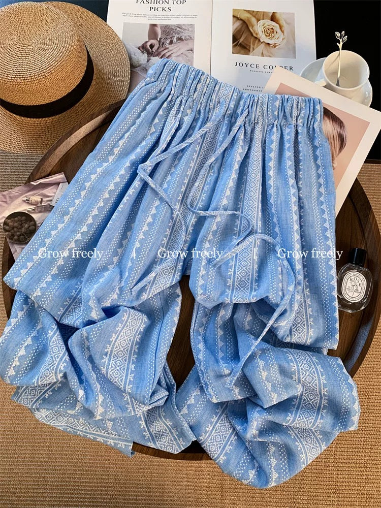 Grow freely - Ethnic print wide-leg pants for women, summer style, thin, high-waisted, loose, straight-leg casual pants