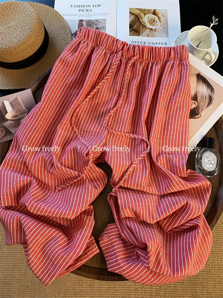 Grow freely Korean style relaxed red striped wide-leg pants, 2025 summer new style, loose and slimming.