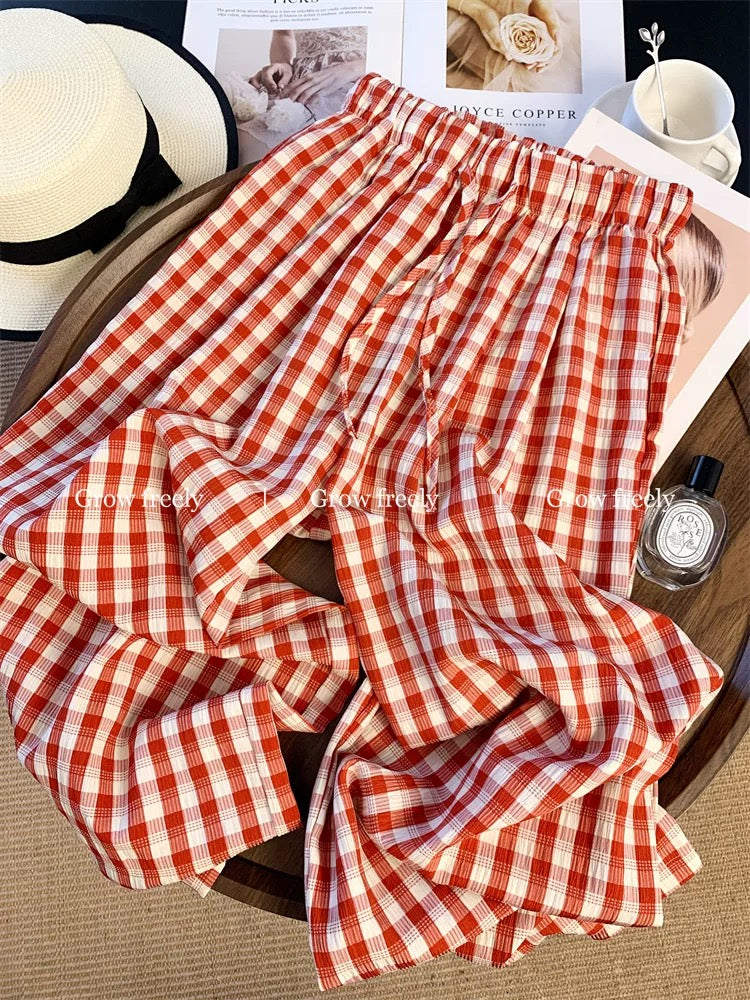 Grow freely Red plaid relaxed casual pants for women, high-waisted, straight-leg, loose-fitting wide-leg trousers for summer.