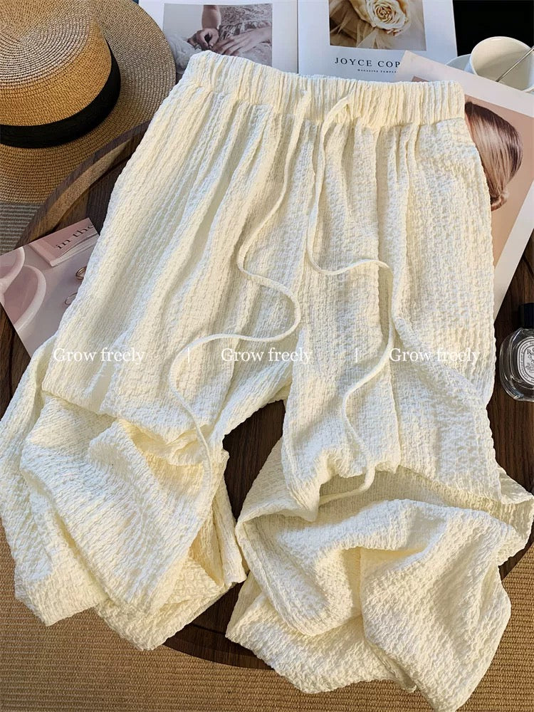 Grow freely Apricot elastic high-waisted wide-leg pants for women, summer thin, breathable, loose casual style.