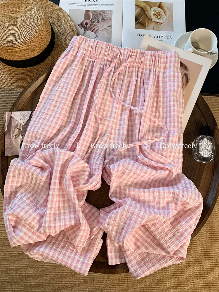 Grow freely pink plaid casual wide-leg straight-leg pants for women, summer thin style, dopamine slimming long pants.