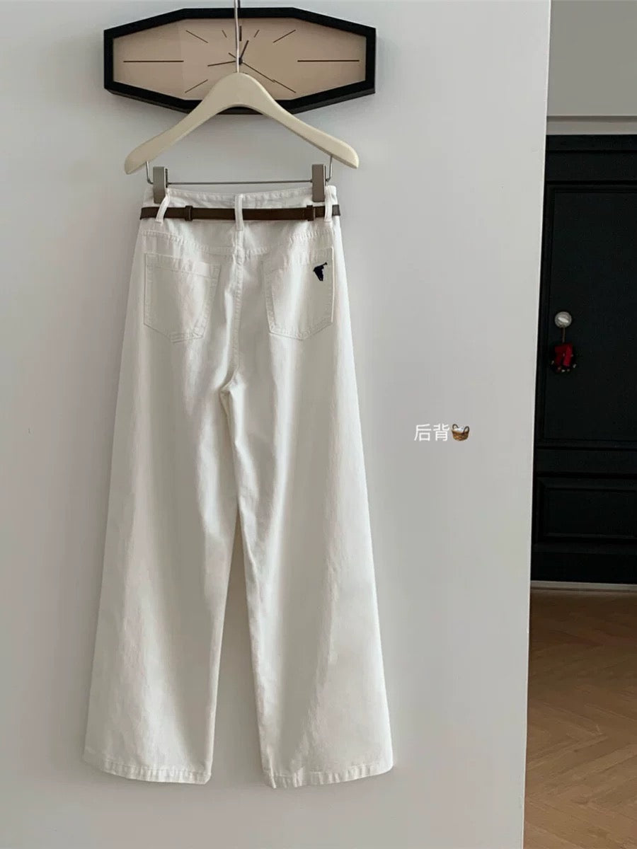 WGWE women's straight pants 2024 autumn and winter high waist pony embroidery white loose mopping pants wide leg jeans trend