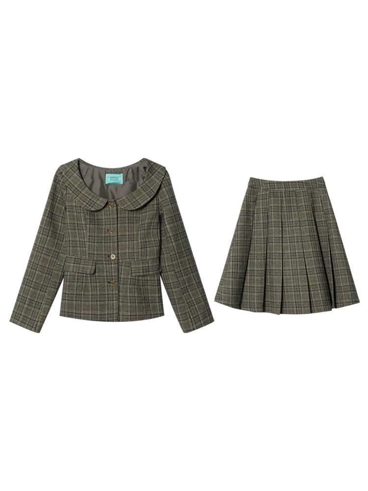 XXNING retro lapel plaid vest skirt suit 2024 autumn and winter new style elegant temperament and high-end long skirt