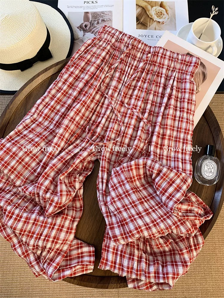 Grow freely Korean style red plaid casual wide-leg pants for women, perfect for summer, relaxed, loose, slimming, floor-length.