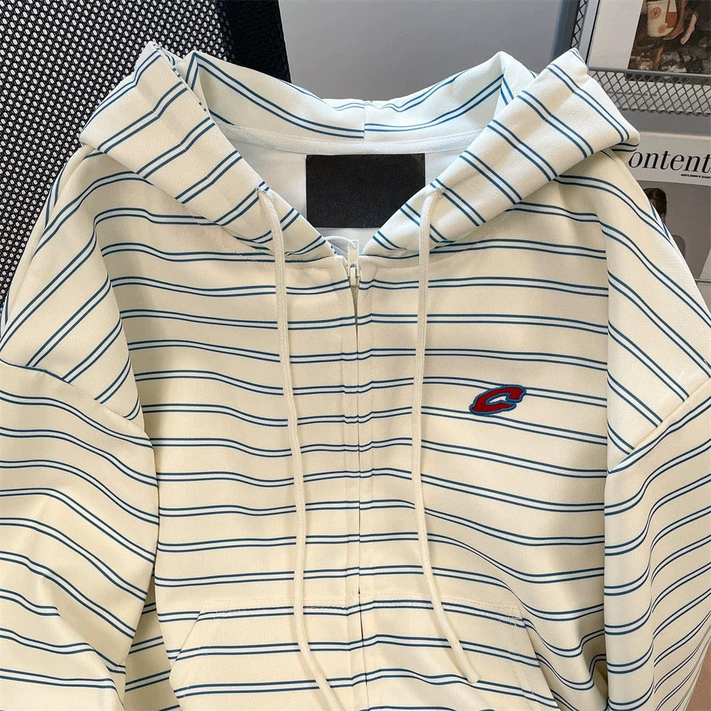 Autumn American retro blue and white striped sweatshirt cardigan women's Korean version of all-match casual lazy style hooded zipper jacket