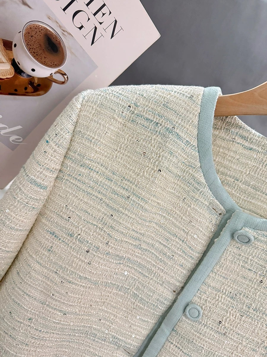 Mint green fashionable contrast color stylish small fragrance style jacket for women spring and autumn 2025 new Korean style white short top