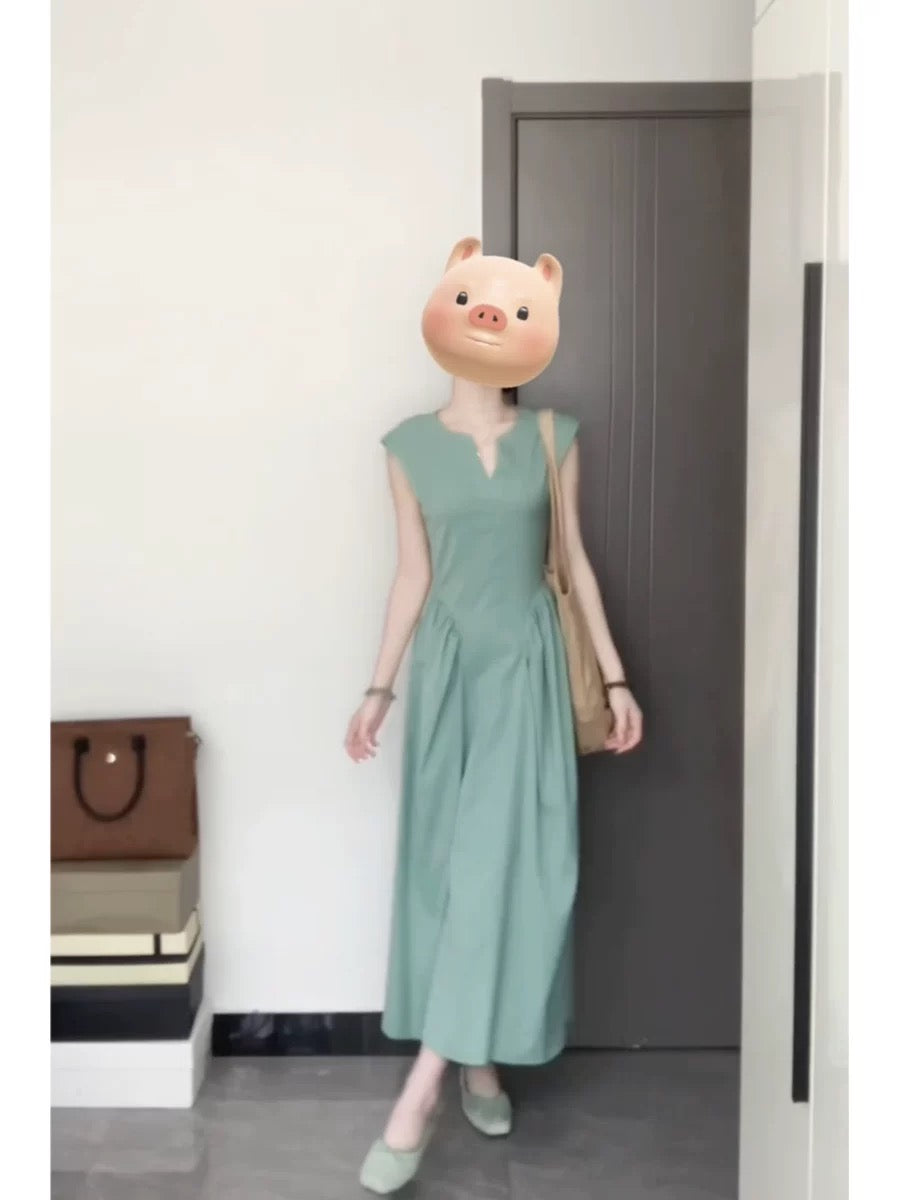 French Tea Break Elegant Green Dress Women's Summer New Slim Fit Simple Elegant Decent Long Dress
