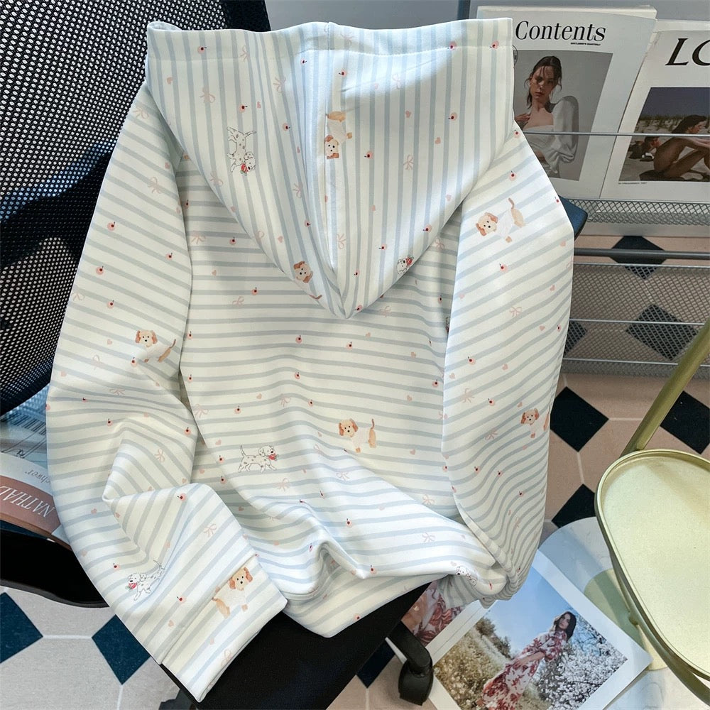 Japanese style sweet straps full print puppy sweater jacket women's spring and autumn unique beautiful fashionable striped hooded top