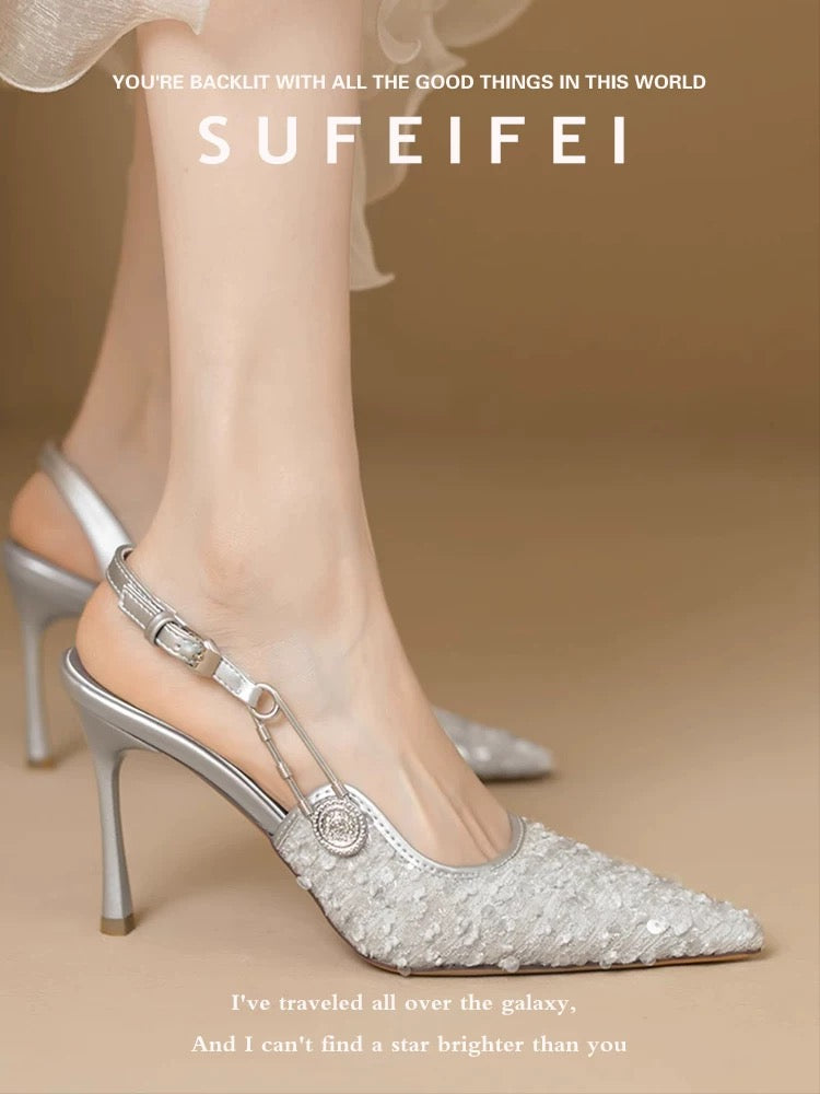 Su Feifei's new summer pointed toe beautiful high heels for women, stiletto sequined closed toe slingback sandals, one-word buckle single shoes