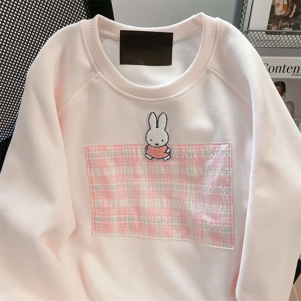 Pink Miffy Rabbit Embroidered Patch Plaid Sweatshirt Women's Autumn Korean Style Cute Sweet Petite Long Sleeve Top