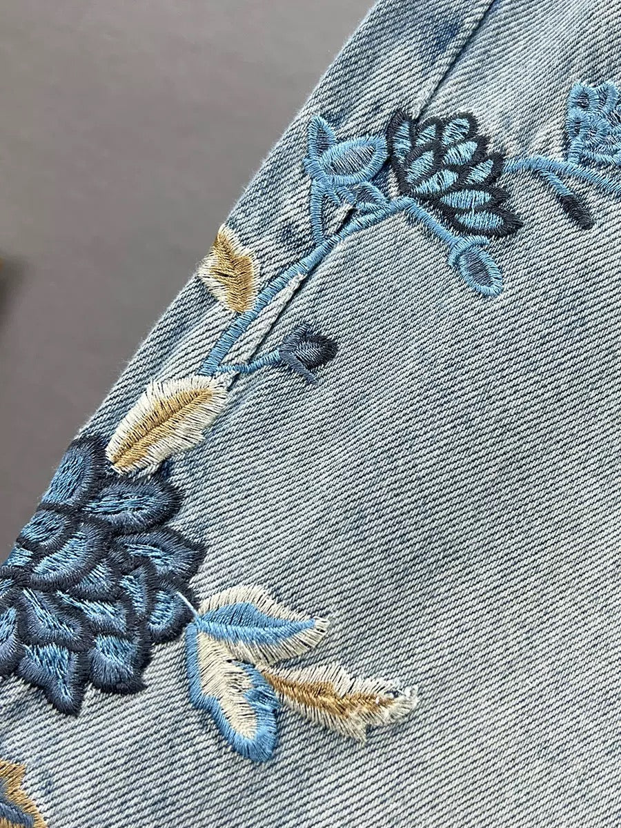 Embroidered denim wide-leg pants for women 2024 new spring high-waisted loose slimming Chinese-style national style floor-length pants