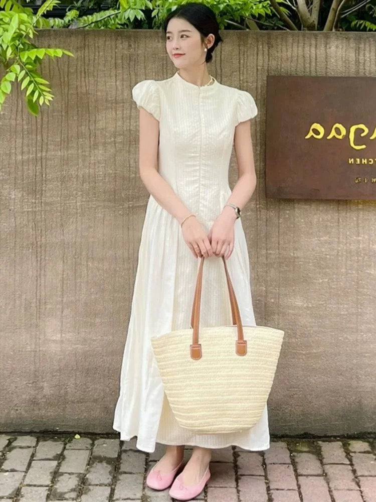 Tea break French gentle white dress summer small flying sleeves female slim goddess style long skirt high-end