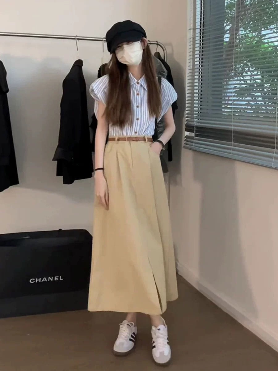 2025 new summer style French design casual and versatile Polo collar temperament striped shirt skirt suit for women
