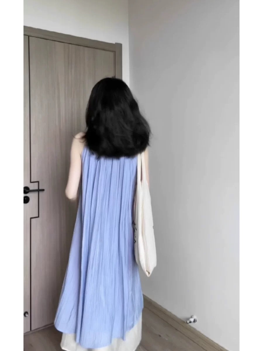 Korean style sleeveless vest fake two-piece dress for women summer new style lazy loose blue long skirt