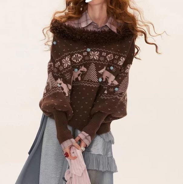 NAN Fox Fair Isle V-neck Sweater for Women, 2025 New Style, Loose and Relaxed Design.