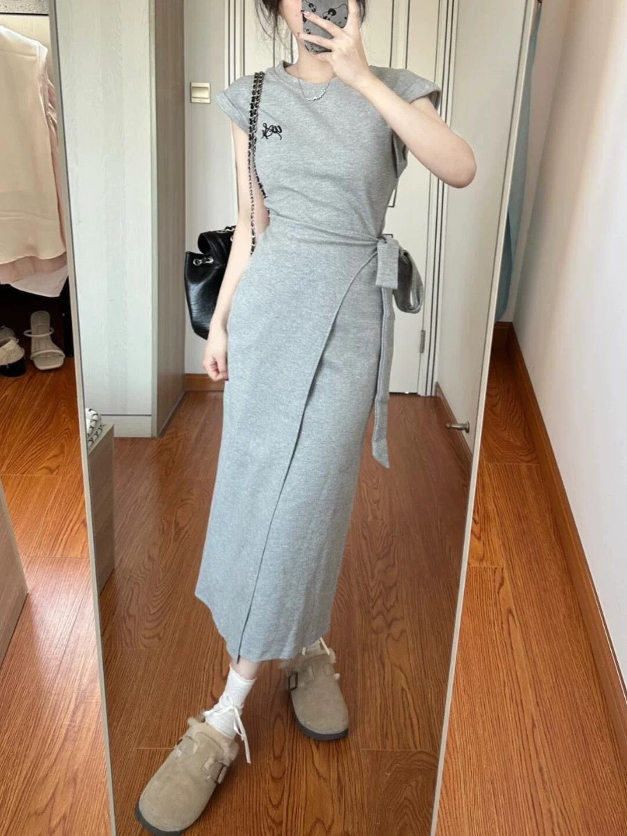 Korean casual college style gray t-shirt long skirt women's summer design niche temperament strap waist slimming dress