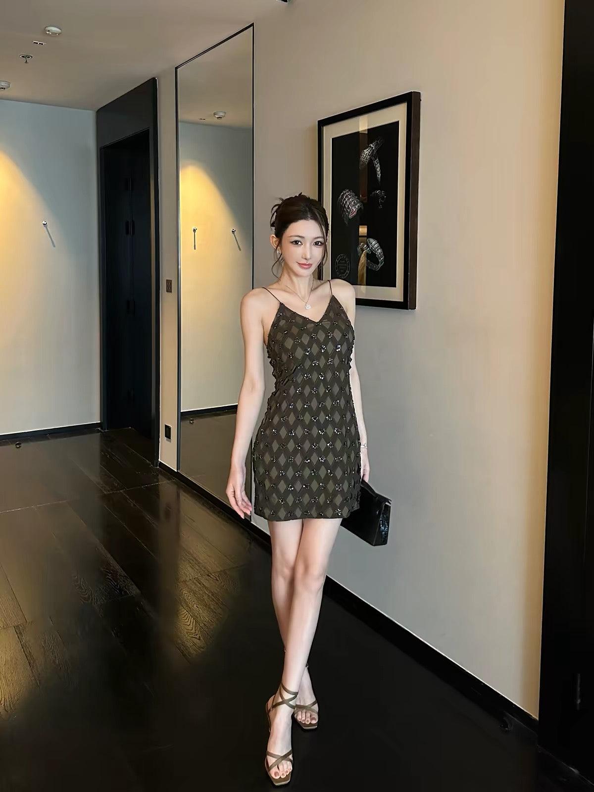 SX Shanxi Heavy Industry Women's Diamond-Pattern Cutout Beaded Camisole Dress – Sophisticated, Retro, and Sexy V-Neck Mini Formal Dress
