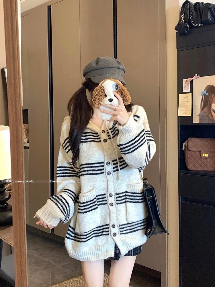 College style lazy design sweater jacket women 2025 autumn new striped hooded long-sleeved knitted top women
