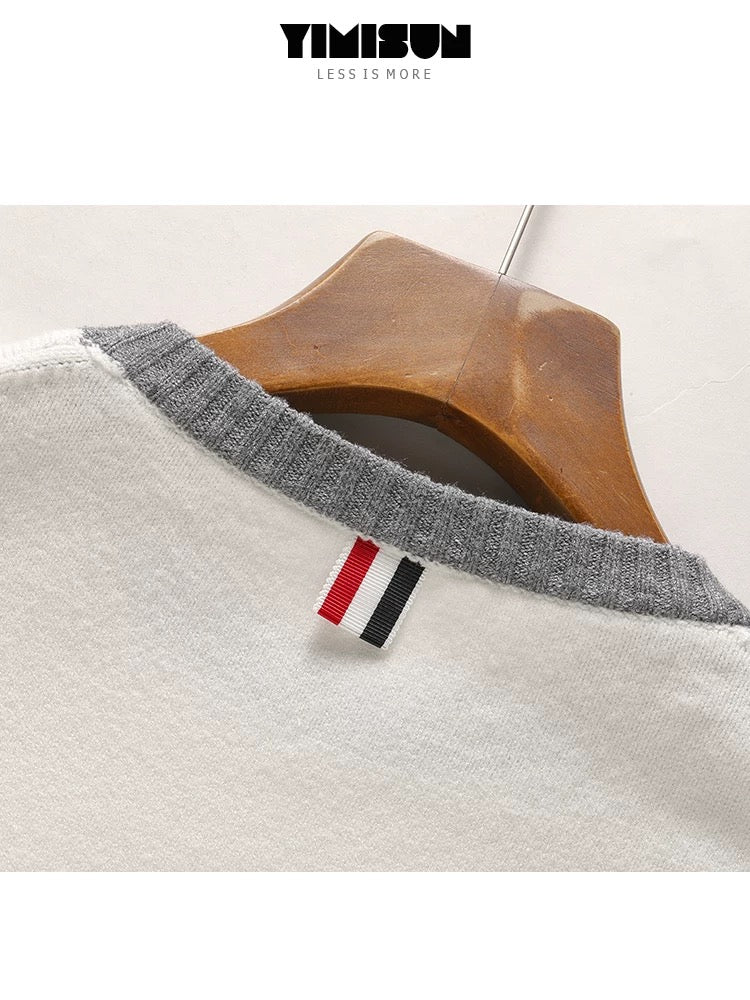 YIMISUN design four-bar chest pocket contrast color round neck knitted bottoming shirt slim fit sweater for women
