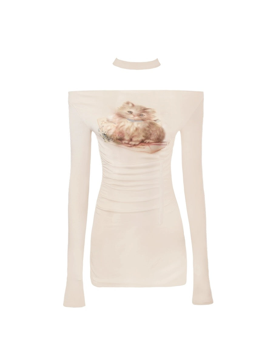 Mess Studio American hot girl's niche design one-shoulder cat-hugging dress is slim and body-shaping